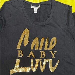 Motherhood Maternity Black Crew with Gold Accents Love Baby